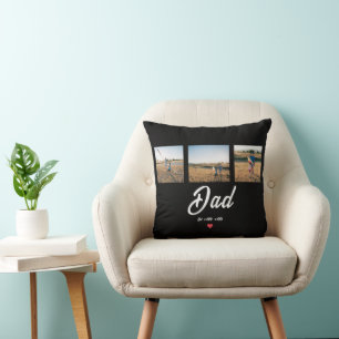 Dad Established White Script Red Heart 3 Photo Throw Pillow