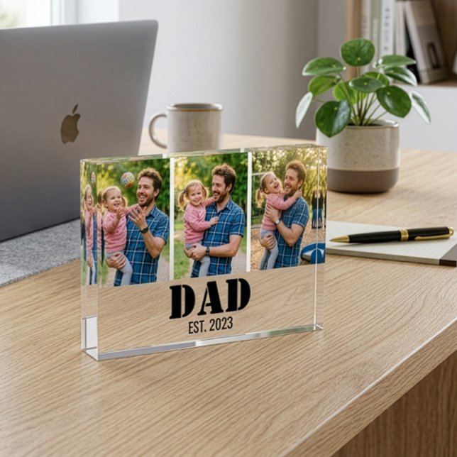 Dad Established Year 3-Photo Custom Keepsake Acrylic Award (Custom Dad Established 3 photo Collage Acrylic Block)