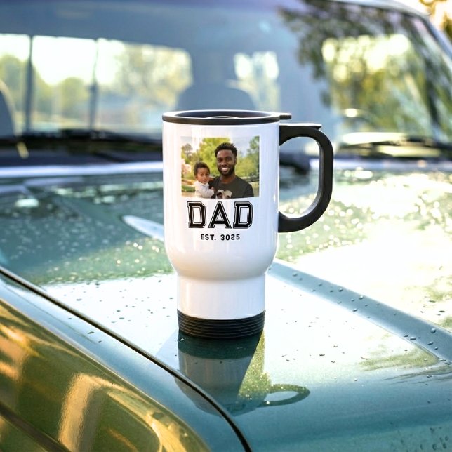 Dad Established Year Bold Black White Photo Gift Travel Mug (Creator Uploaded)