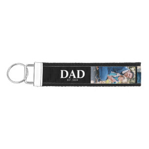Dad Established Year Father Black 3 Photo Wrist Keychain