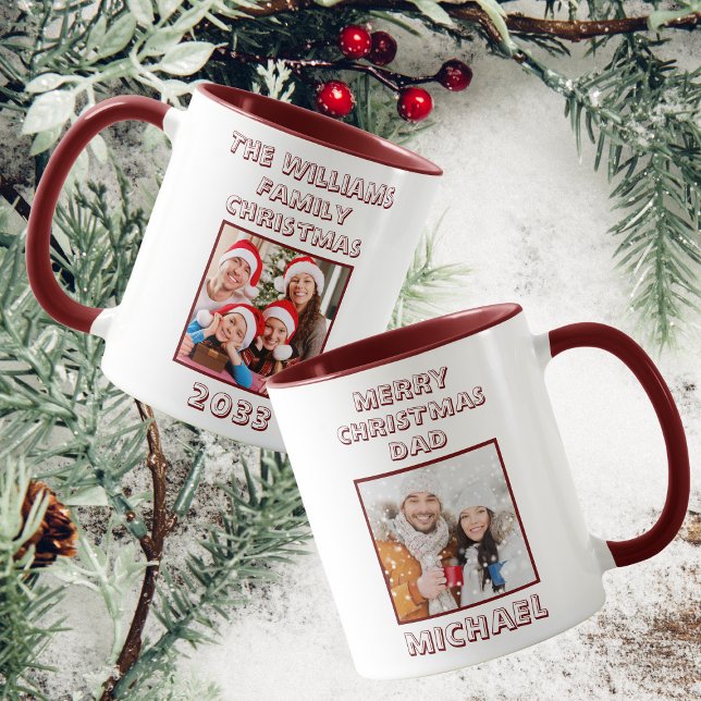 Dad Family Christmas Photo Maroon & White  Mug (Front And Back)