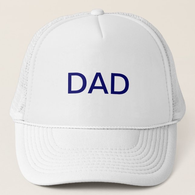 DAD Fathers Day Typography Blue on White Trucker Hat (Front)