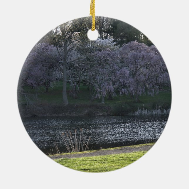 Dad Fishing Reversible Pond Pink Trees PHOTOS Ceramic Ornament (Back)