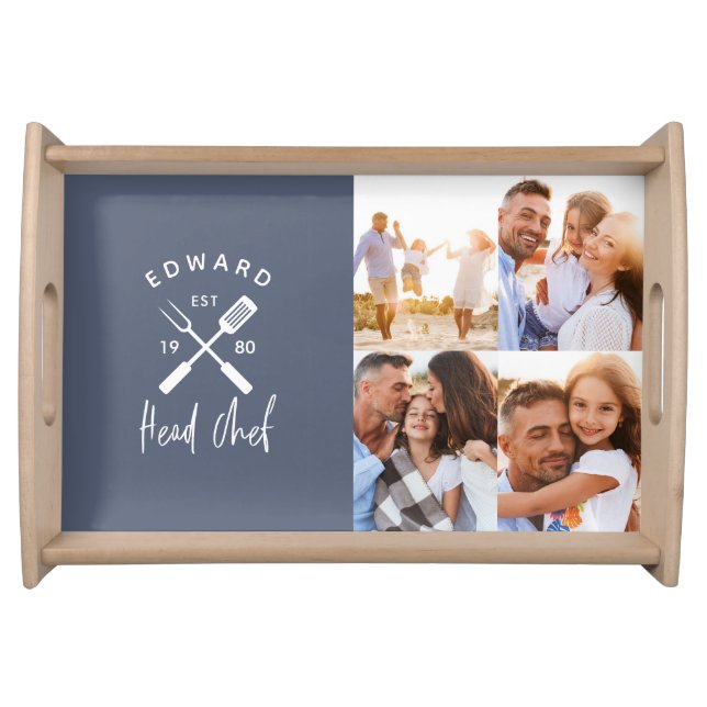 Dad head chef bbq grill 4 photo dusty blue 4 photo serving tray (Front)