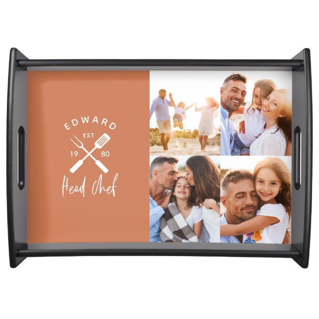 Dad head chef bbq grill 4 photo terracotta 4 photo serving tray (Front)