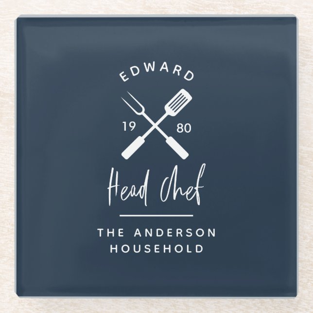 Dad head chef bbq grill Christmas birthday modern Glass Coaster (Front)