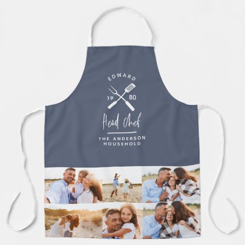 Dad head chef bbq grill multi photo modern blue apron