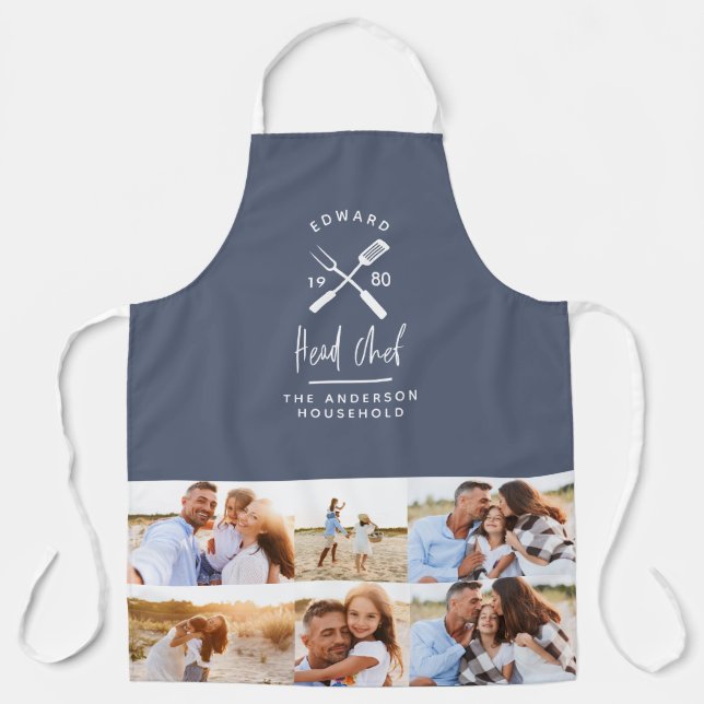 Dad head chef bbq grill multi photo modern blue apron (Front)