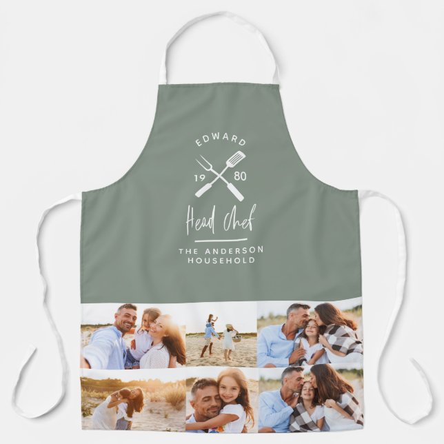 Dad head chef bbq grill multi photo sage green apron (Front)
