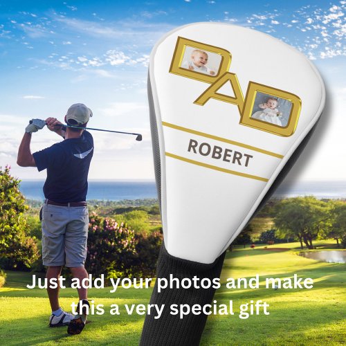 DAD in Gold with Two Photos Name Golf Head Cover