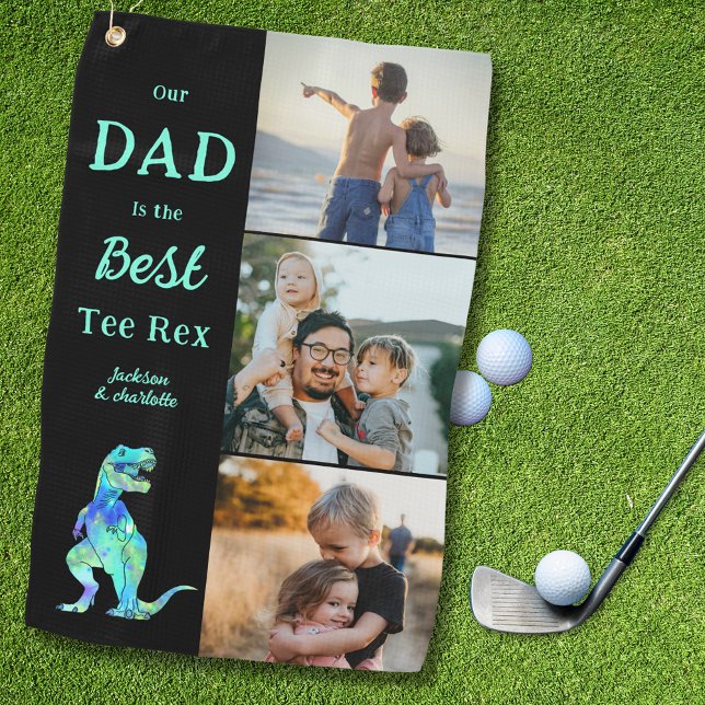 Dad is the Best Tee Rex 3 Photo Funny  Golf Towel (Our dad is the best tee Rex custom 3 photo kids names funny dinosaur golfing joke golf towel for dad)