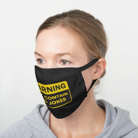 Dad Joke Warning Label Black Cotton Face Mask (Angled)