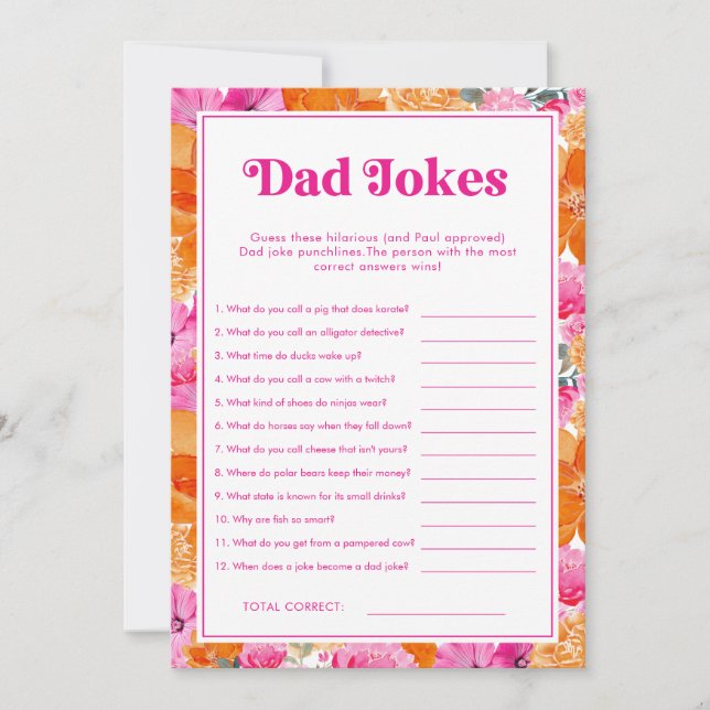 Dad Jokes Pink & Floral Baby Shower Game Invitation (Front)