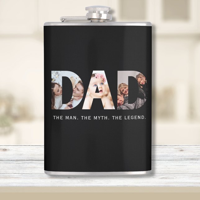 Dad legend gift with 3 photo collage  flask (Dad flask, with 3 photo collage. Text: "The man. The myth. The legend")