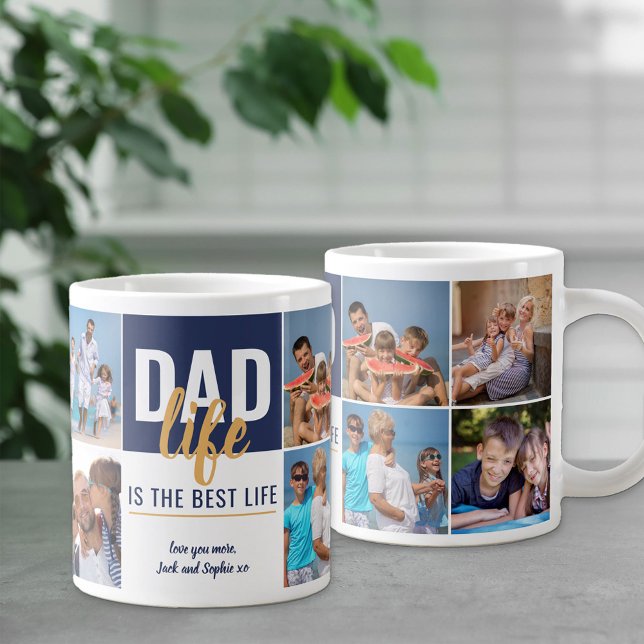 Dad Life is Best Life 8 Photo Blue Personalized Giant Coffee Mug (Creator Uploaded)