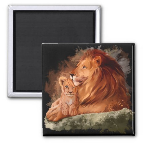 Dad lion and a little lion cub magnet