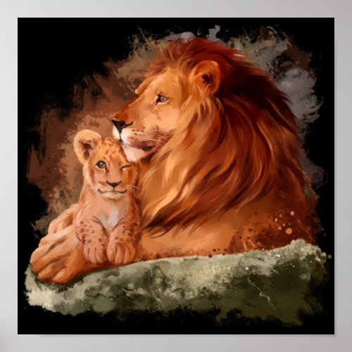 Dad lion and a little lion cub poster