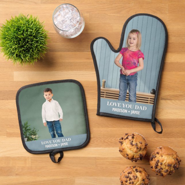 Dad Love Kids Custom Photo Oven Mitt & Pot Holder Set (Top Down)