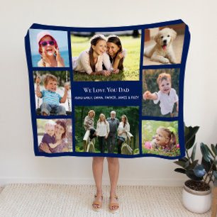 Dad Love You Photo Collage Blue Fleece Blanket