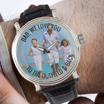Dad Love You to the Outfield and Back Photo Watch<br><div class="desc">Personalized photo watch - perfect for a baseball dad - but you are welcome to customize the text as you wish. Upload your favorite photo and it will be displayed with a semi-opaque border overlay, as a base for the typography. The wording currently reads "Dad, we love you to the...</div>