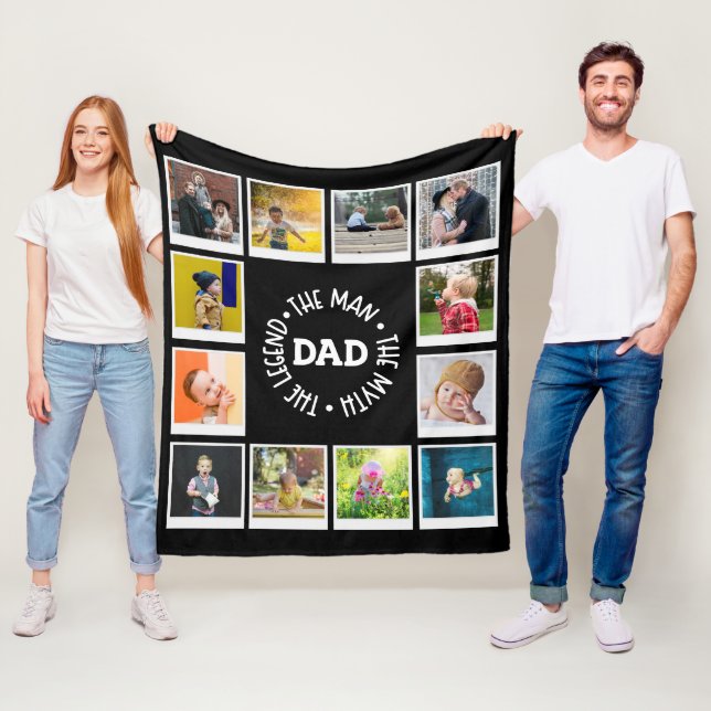 Dad Man Myth Legend Photo Collage Chic Black Fleece Blanket (In Situ)