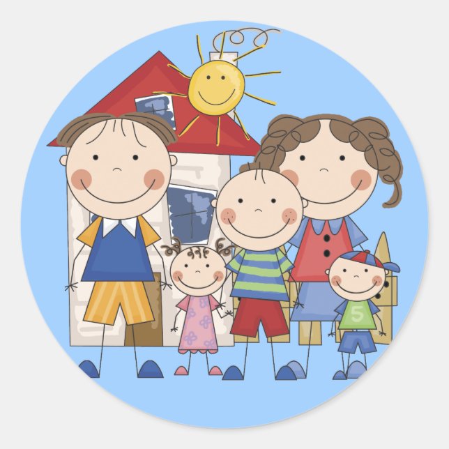 Dad, Mom, Big Boy, Med Girl, Small Boy Family Classic Round Sticker (Front)