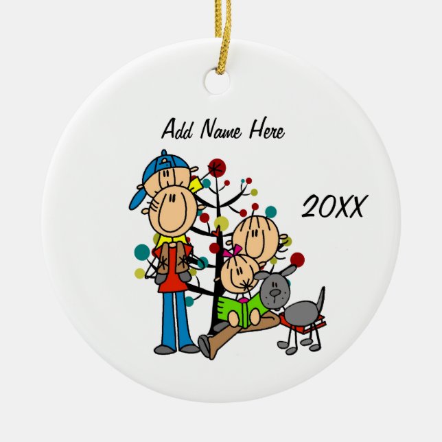 Dad, Mom, Toddler Boy and Girl, Gray Dog Ornament (Front)
