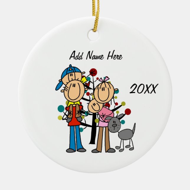 Dad, Mom, Toddler Boy, Baby Girl,Gray Dog Ornament (Front)