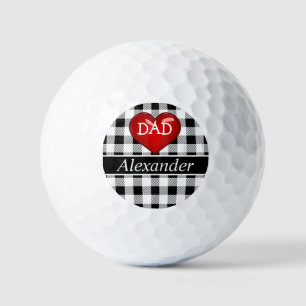 Dad Monogram Buffalo Plaid Black white red heart Golf Balls