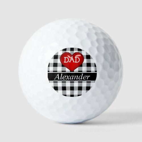 Dad Monogram Buffalo Plaid Black white red heart  Golf Balls