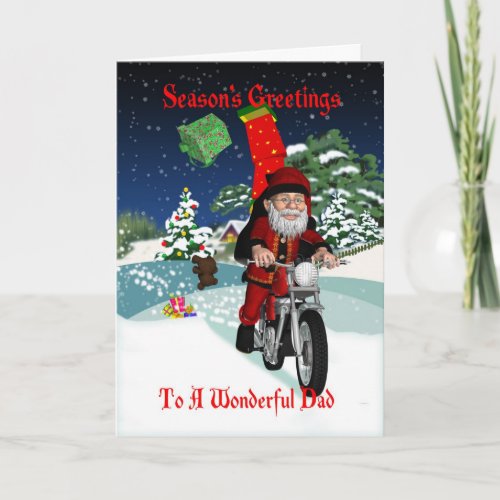 Dad Motorcycle Santa With Flying Gifts And Winter Holiday Card