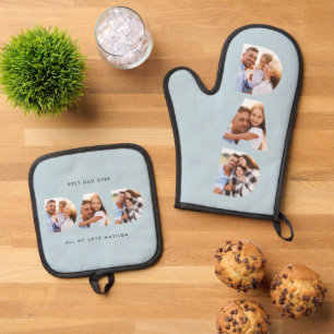 Dad multi photo modern typography blue oven mitt & pot holder set
