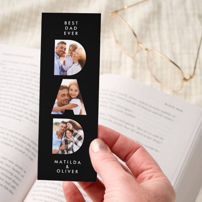 Dad multi photo modern typography navy black gift bookmarks (Hand)