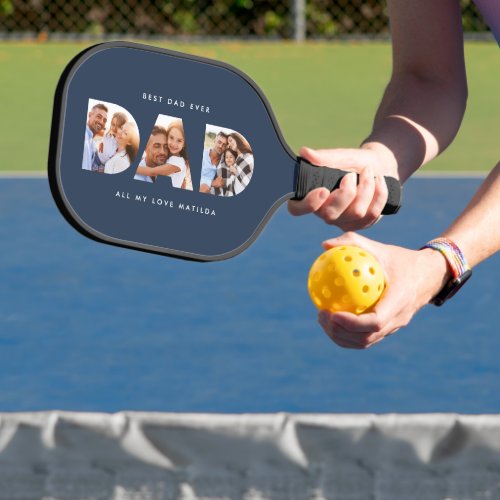 dad multi photo modern typography navy blue pickleball paddle