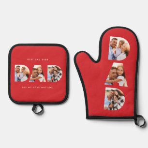 Dad multi photo modern typography red oven mitt & pot holder set