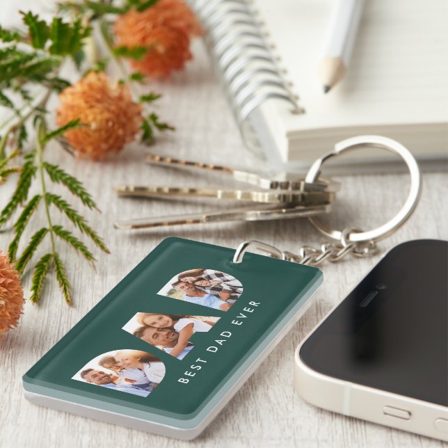 Dad multi photo typography green modern keychain (Front Right)