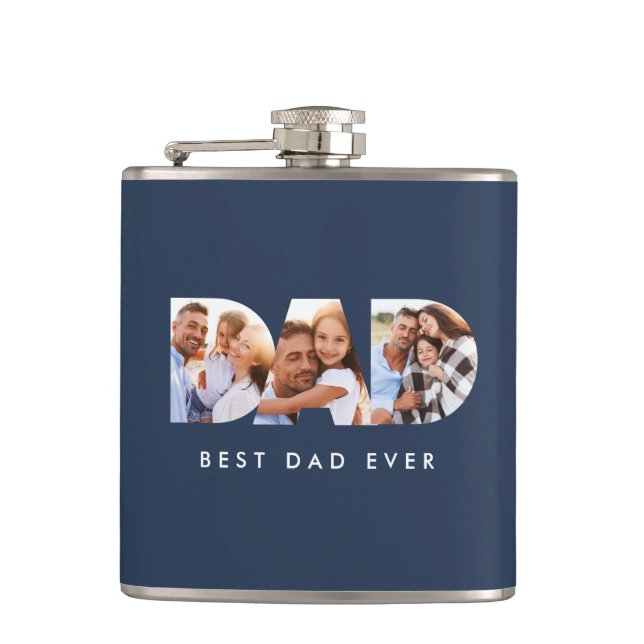 Dad multi photo typography navy blue modern  flask (Front)