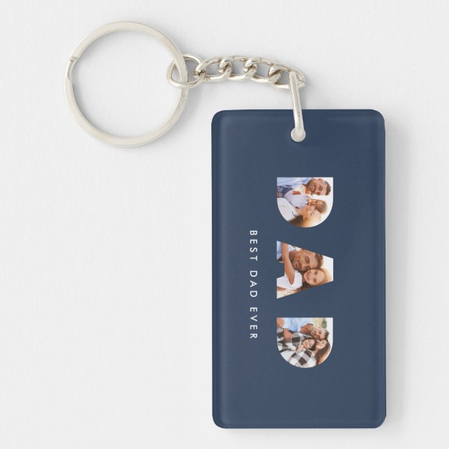 Dad multi photo typography navy blue modern keychain (Front)