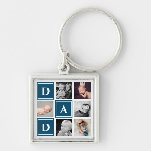 Dad Navy Blue Custom Photo Collage Keychain