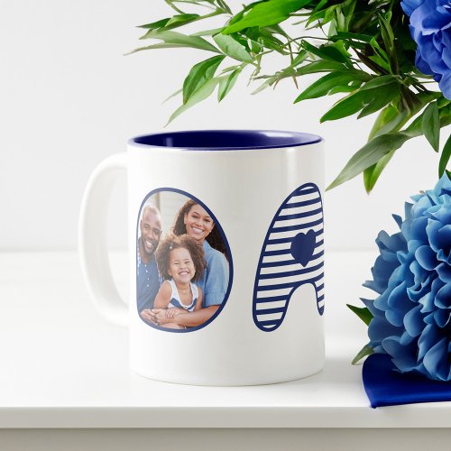 Dad Navy Blue Stripe Bubble Lettering Heart Photos Two_Tone Coffee Mug