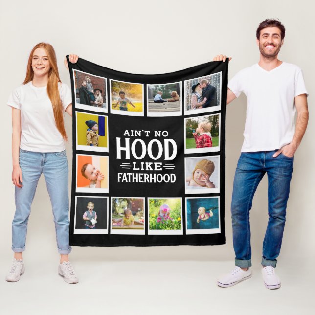 Dad No Hood Like Fatherhood Photo Collage Black Fleece Blanket (In Situ)