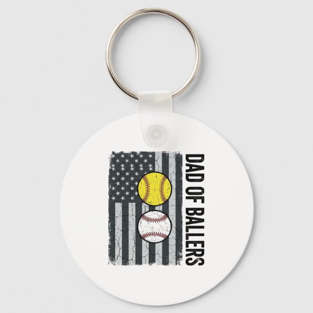 Dad of Ballers Softball Baseball Patriotic Keychain (Front)