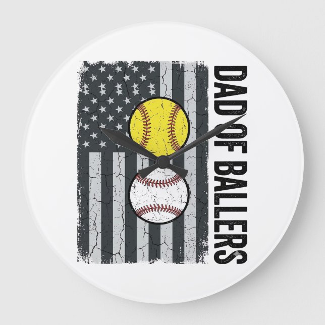 Dad of Ballers Softball Baseball Patriotic Large Clock (Front)
