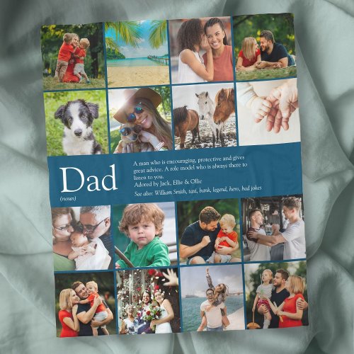 Dad Papa Father Definition 16 Photo Collage Blue Fleece Blanket