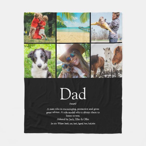 Dad Papa Father Definition 6 Photo Collage Black Fleece Blanket
