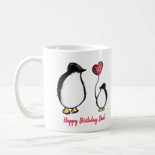 Dad penguin 50th or any age birthday card coffee mug