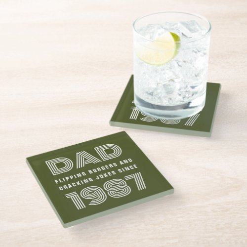 Dad Personalized Year Grill Master BBQ Army Green Glass Coaster
