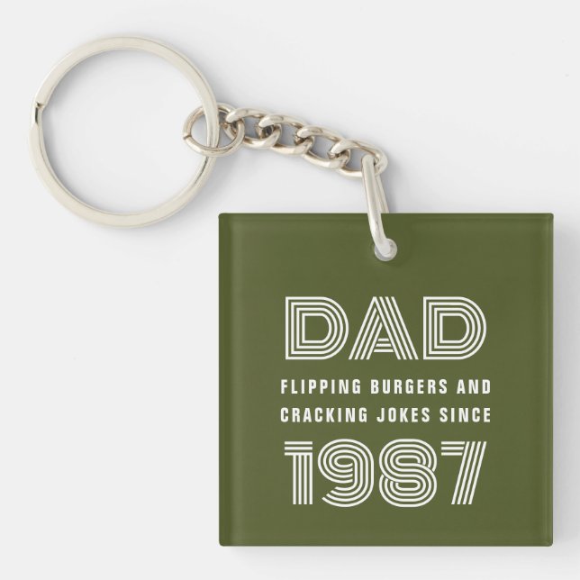 Dad Personalized Year Grill Master BBQ Army Green Keychain (Front)
