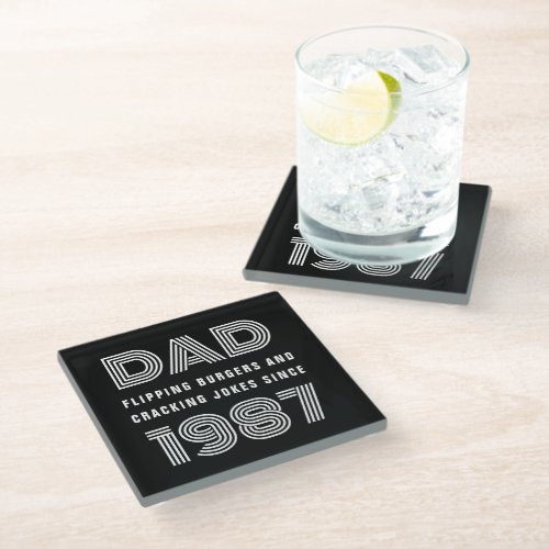 Dad Personalized Year Grill Master BBQ Black Glass Coaster