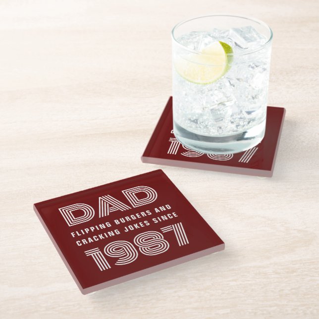 Dad Personalized Year Grill Master BBQ Red Glass Coaster (Angled)